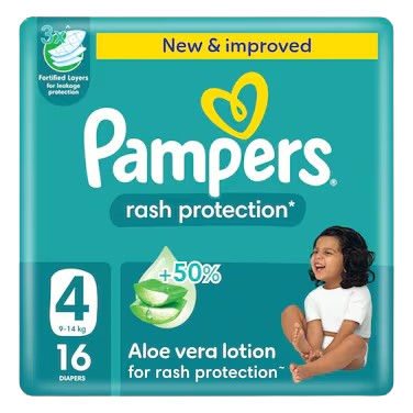 Pampers Rash Protection Taped Diapers with Aloe Vera Lotion (Size 4, 9-14kg) - 16 Pieces
