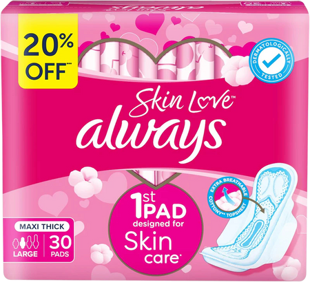 Always Skin Love Maxi Thick Sanitary Pads with Wings Large, 6x30 Pads