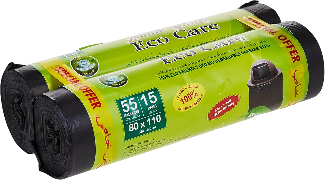 Fijipack Oxo-Biodegradable Large Black 55 Gallon Heavy Duty Garbage Bag Rolls (80x110cm), 2x15 Pieces